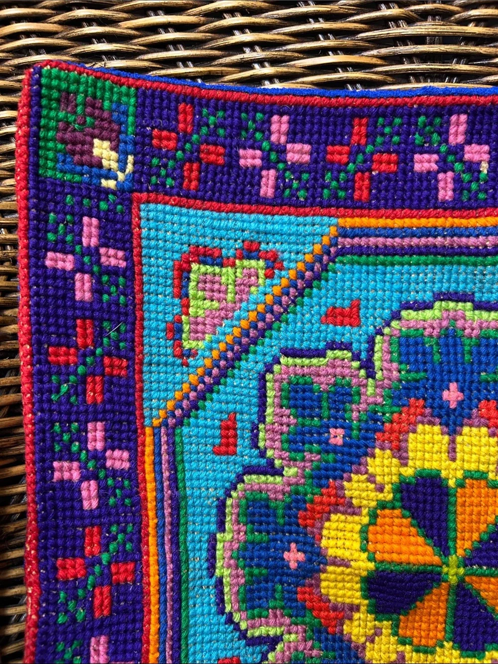 Vintage Ukrainian Multicolor Floral Needlepoint Pillowcase Turquoise, Purple